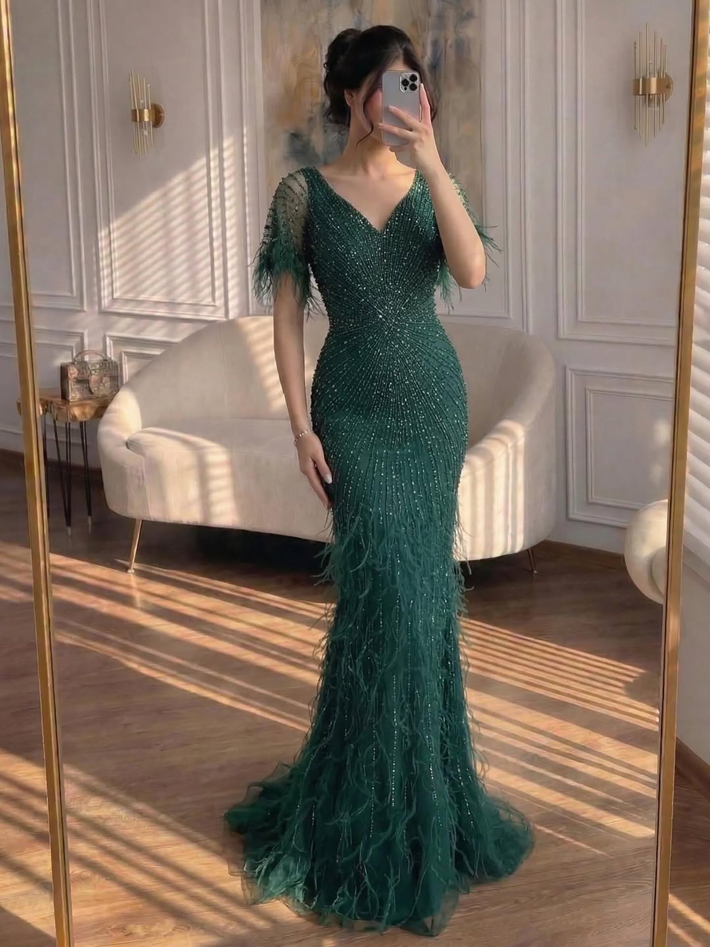 Dubai Feathers Brown Mermaid Evening Dresses  LA71323 - SERENE  HILL