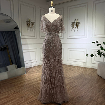 Dubai Feathers Brown Mermaid Evening Dresses  LA71323 - SERENE  HILL
