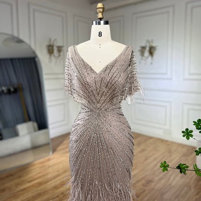 Dubai Feathers Brown Mermaid Evening Dresses  LA71323 - SERENE  HILL