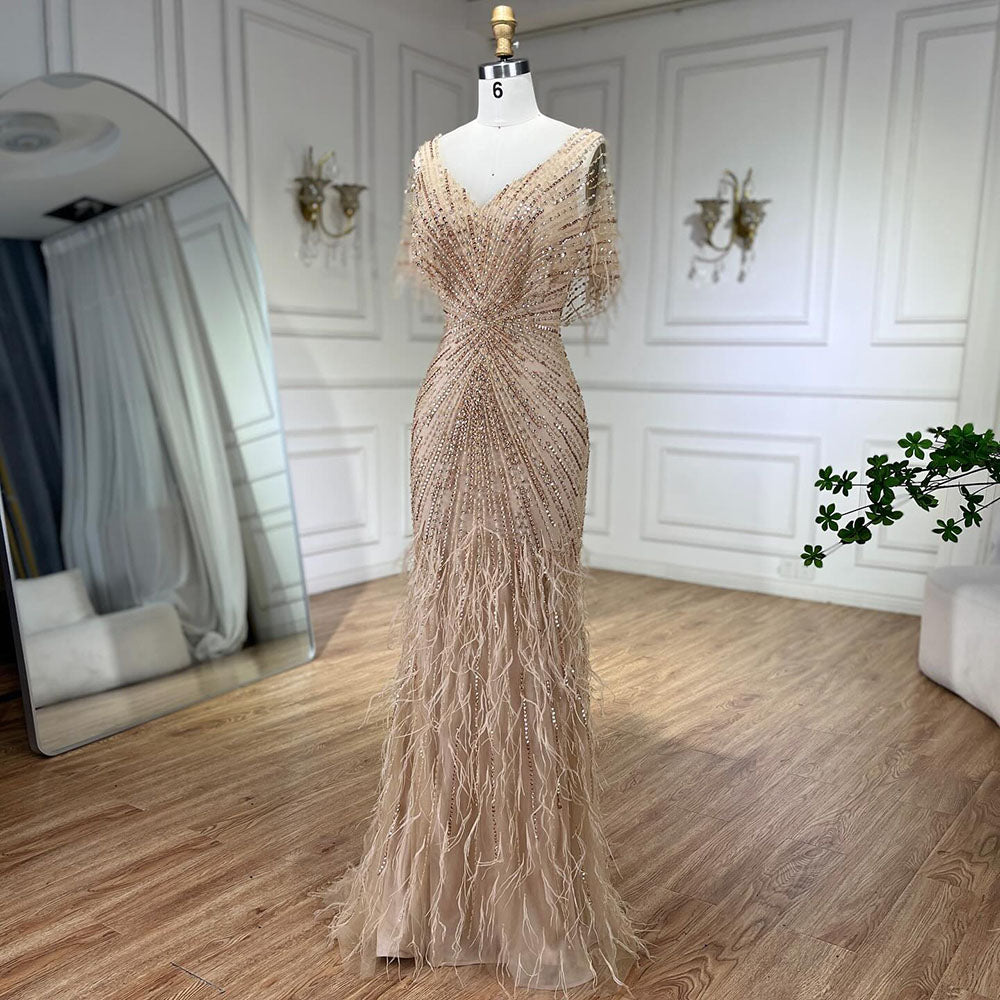 Dubai Feathers Brown Mermaid Evening Dresses  LA71323 - SERENE  HILL