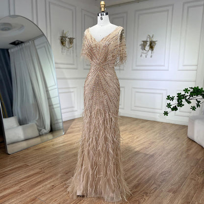 Dubai Feathers Brown Mermaid Evening Dresses  LA71323 - SERENE  HILL