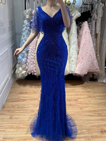 Dubai Feathers Brown Mermaid Evening Dresses  LA71323 - SERENE  HILL