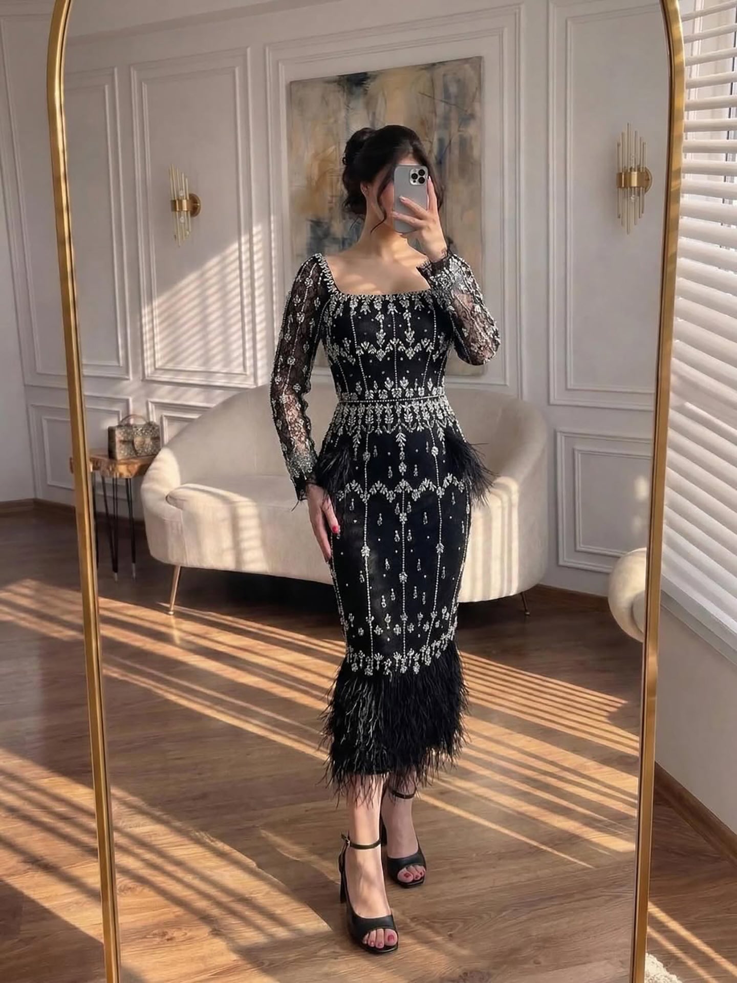 Luxury Crystal Feathers Blue Lace Midi Arabic Evening Dress Gown LA71492A