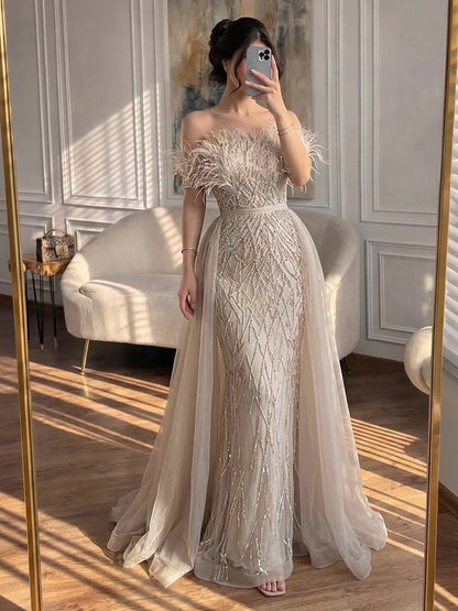 Dubai Luxury Beaded Blue Mermaid Evening Dress Gown with Overskirt LA71634 SERENE HILL