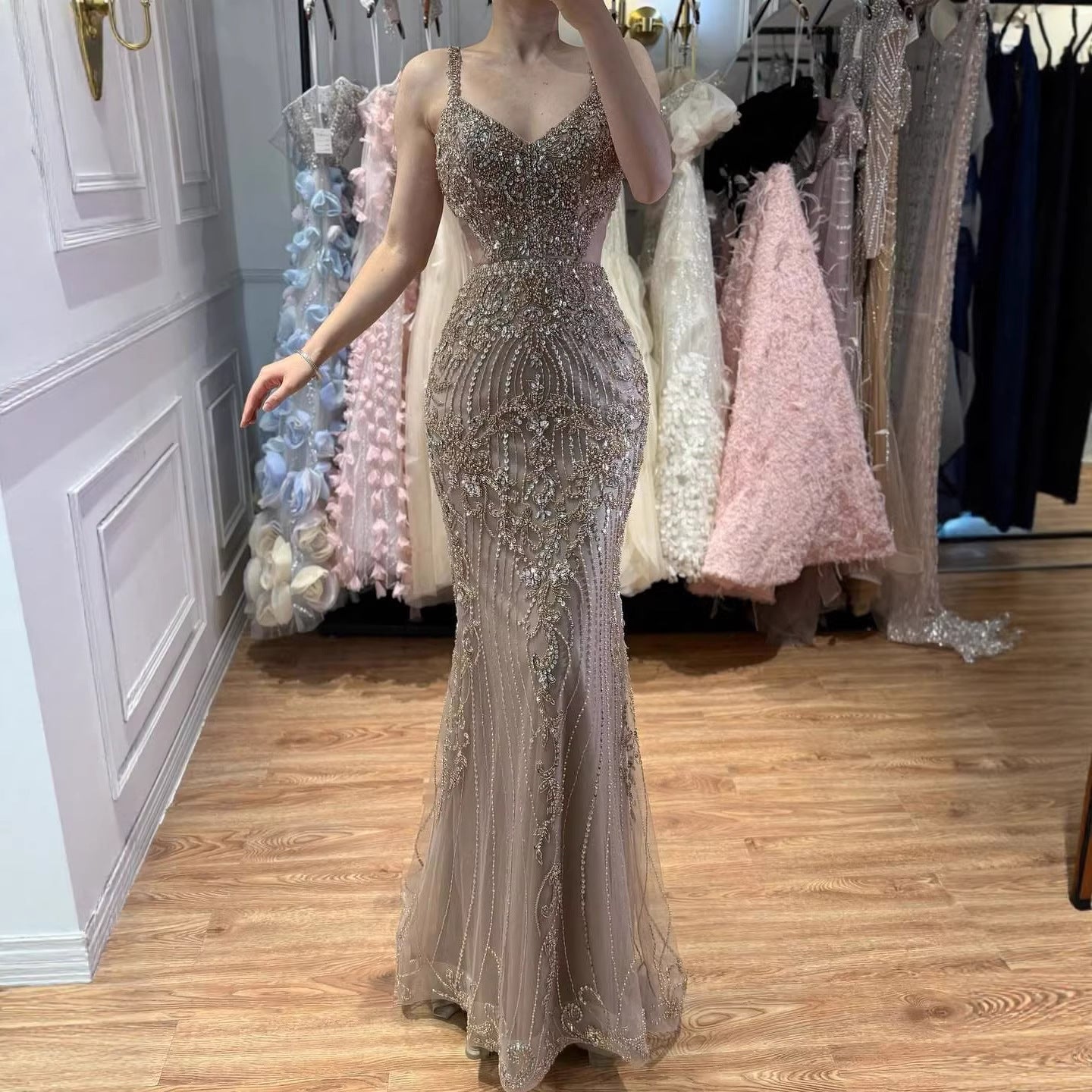 Luxury Arabic Grey Mermaid Spaghetti Strap Beaded Evening Dress LA71652 - SERENE  HILL