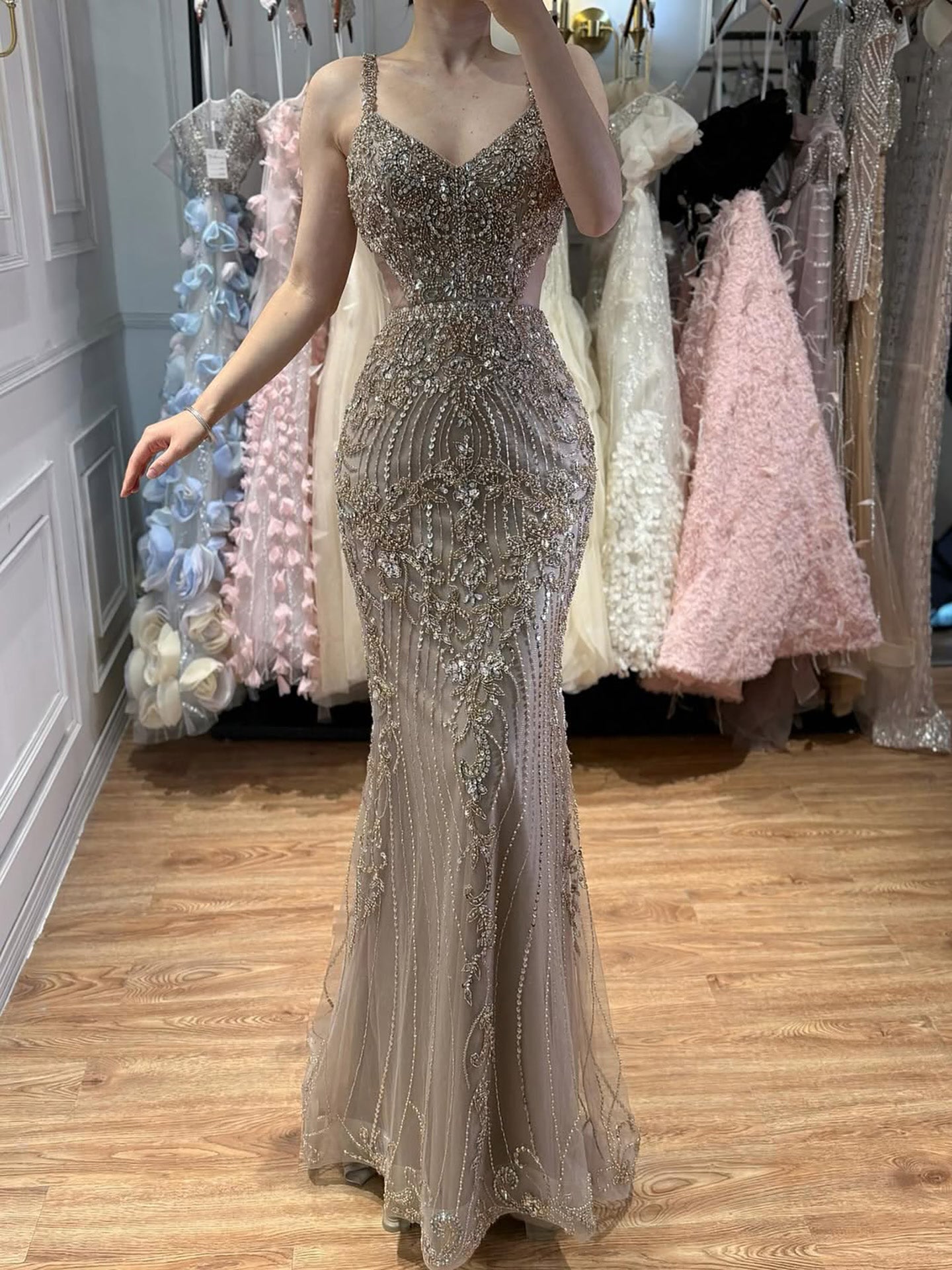 Luxury Arabic Grey Mermaid Spaghetti Strap Beaded Evening Dress LA71652 - SERENE  HILL