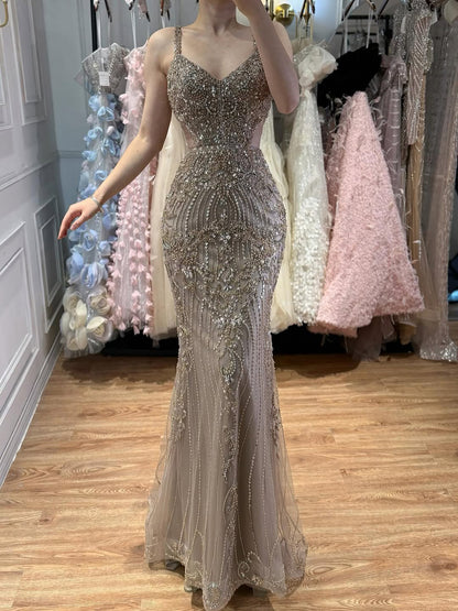 Luxury Arabic Grey Mermaid Spaghetti Strap Beaded Evening Dress LA71652 - SERENE  HILL