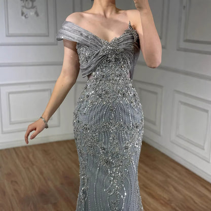 Luxury Grey One Shoulder Beaded Mermaid Evening Dress LA71652B