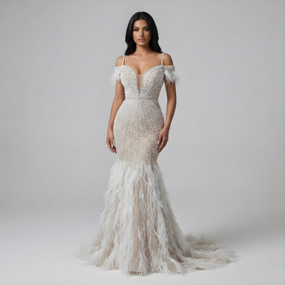 Luxury Feathers White Nude Prom Evening Dresses LA71656 - SERENE HILL
