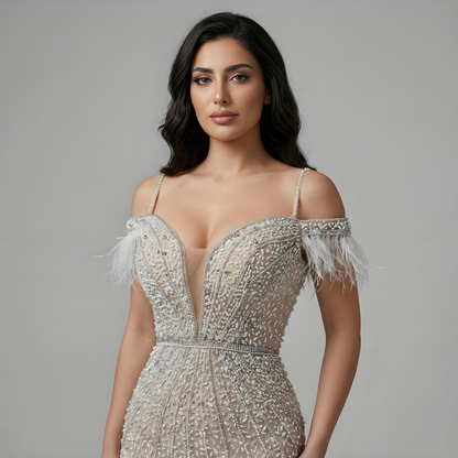 Luxury Feathers White Nude Prom Evening Dresses LA71656 - SERENE HILL