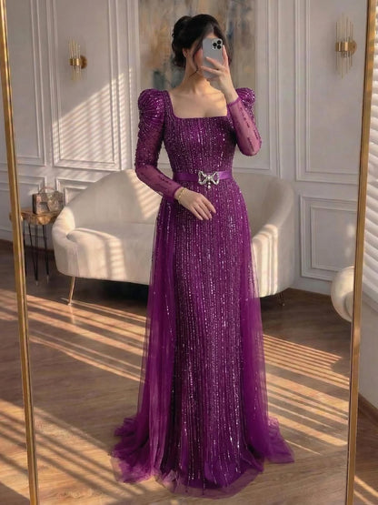 Luxury Fuchsia Long Sleeve Evening Dress with Overskirt LA71678 - SERENE  HILL