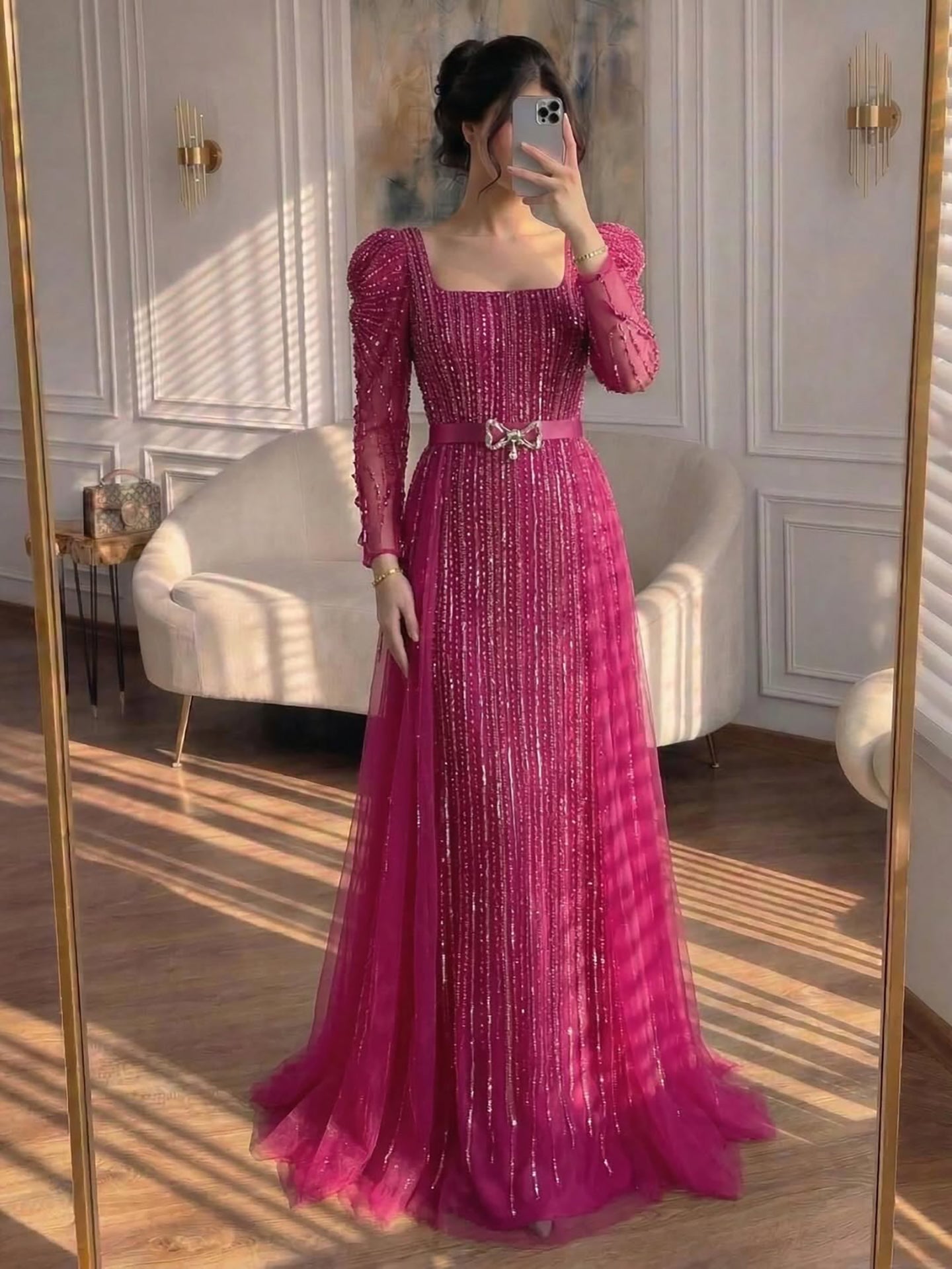 Luxury Fuchsia Long Sleeve Evening Dress with Overskirt LA71678 - SERENE  HILL