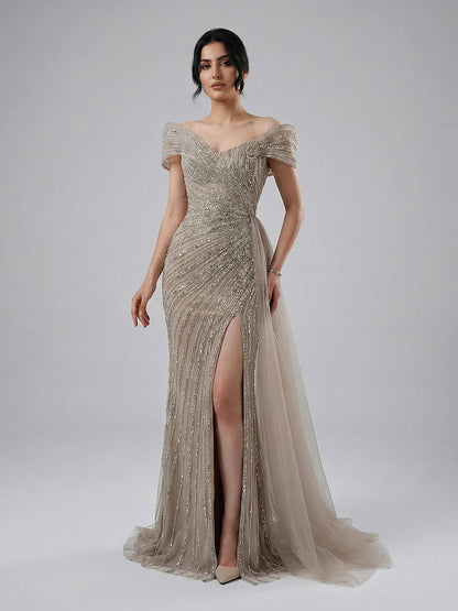 Luxury Nude Mermaid Elegant Beaded Sparkle Evening Dress With Skirt LA71686A
