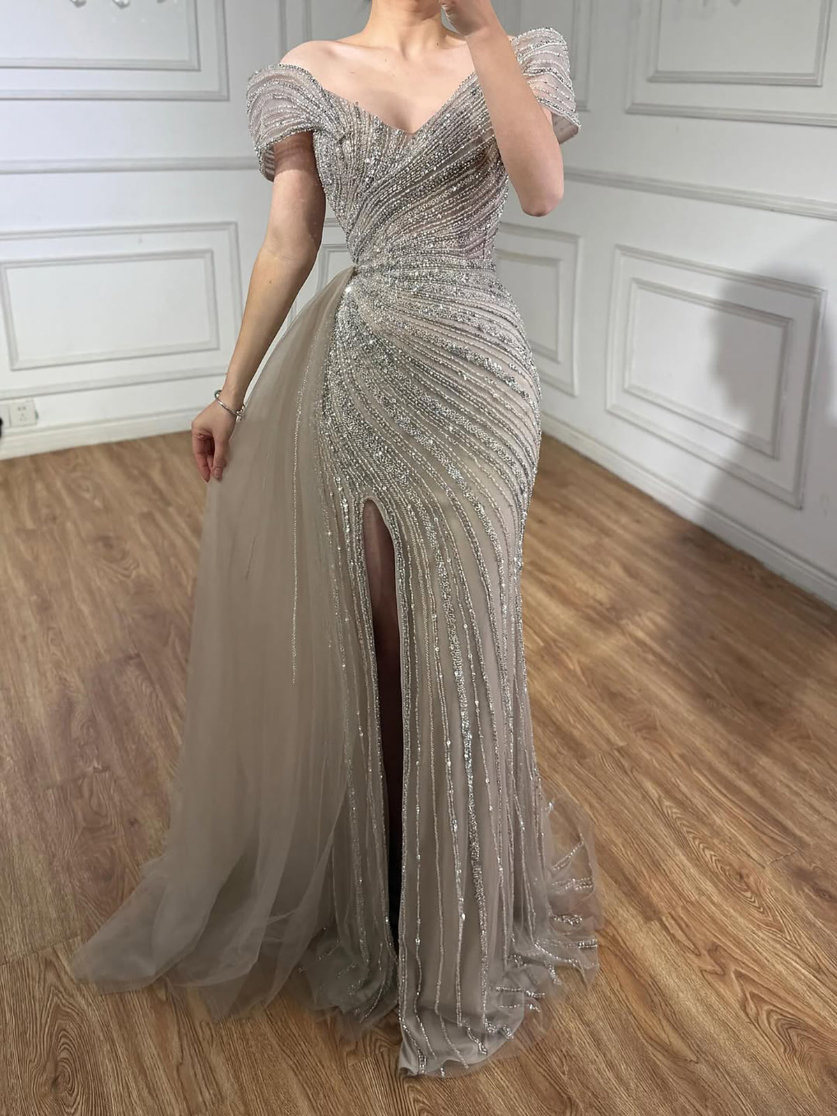 Luxury Nude Mermaid Elegant Beaded Sparkle Evening Dress With Skirt LA71686A