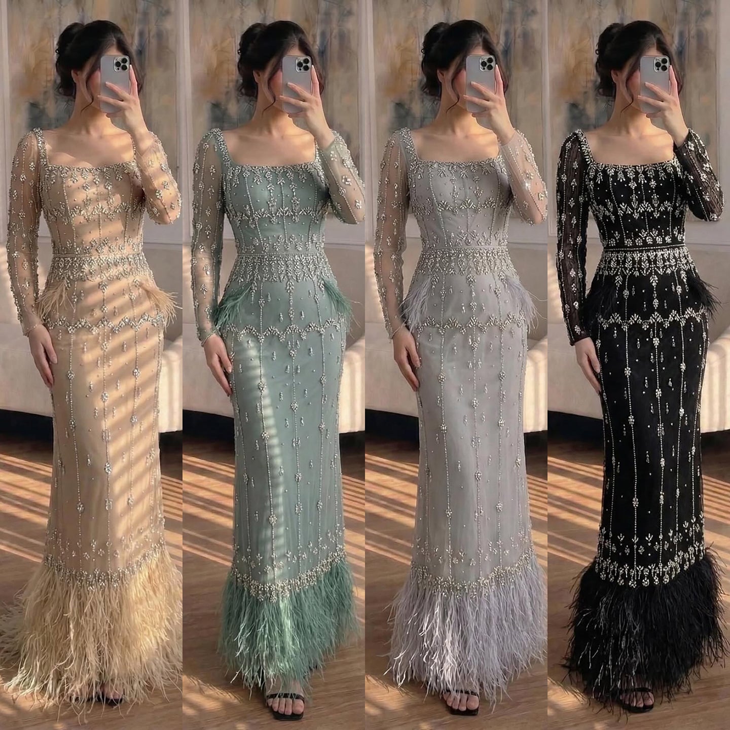 Muslim Luxury Feather Ankle Evening Dress with Long Sleeves LA71722