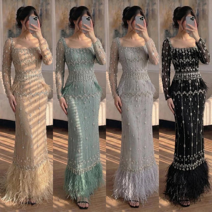 Muslim Luxury Feather Ankle Evening Dress with Long Sleeves LA71722