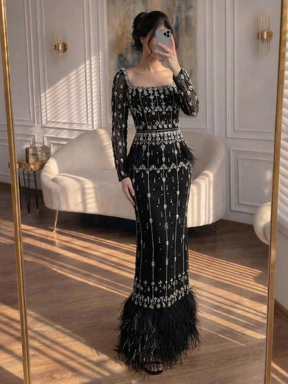 Muslim Luxury Feather Ankle Evening Dress with Long Sleeves LA71722