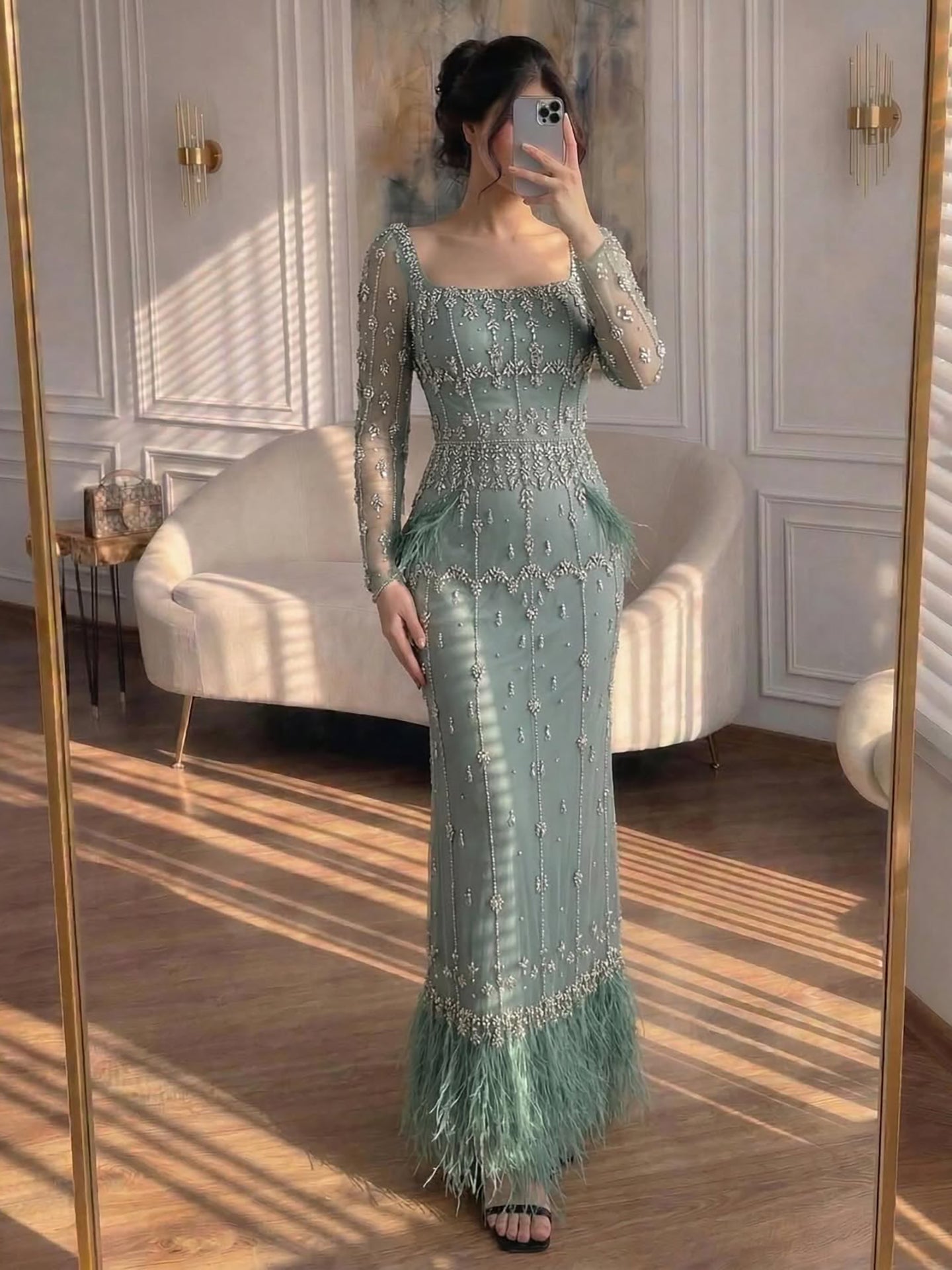 Muslim Luxury Feather Ankle Evening Dress with Long Sleeves LA71722