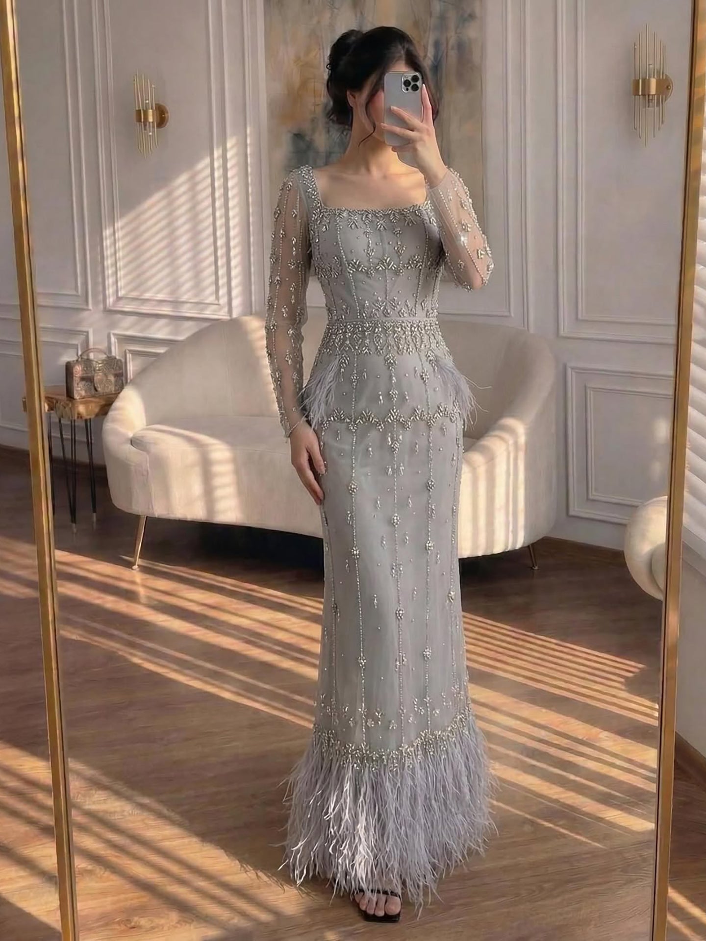 Muslim Luxury Feather Ankle Evening Dress with Long Sleeves LA71722