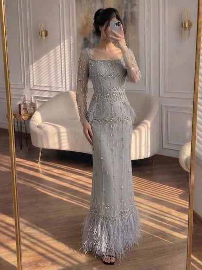 Muslim Luxury Feather Ankle Evening Dress with Long Sleeves LA71722