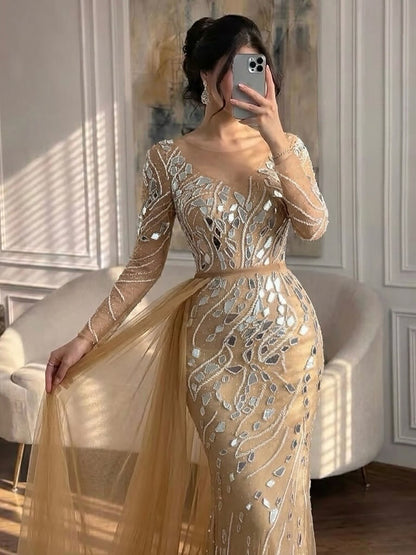 Luxury Nude Beaded Mermaid Evening Dress with Overskirt LA71757 SERENE HILL