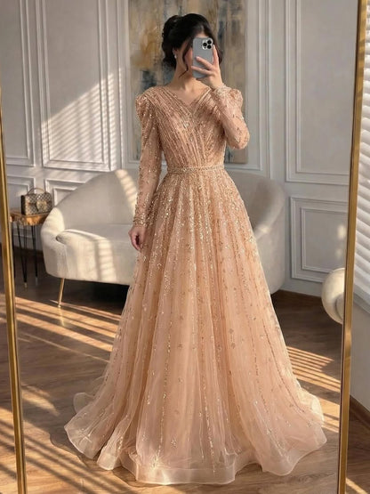 Luxury Nude A Line Beaded Evening Dress for Formal Occasion LA71803D