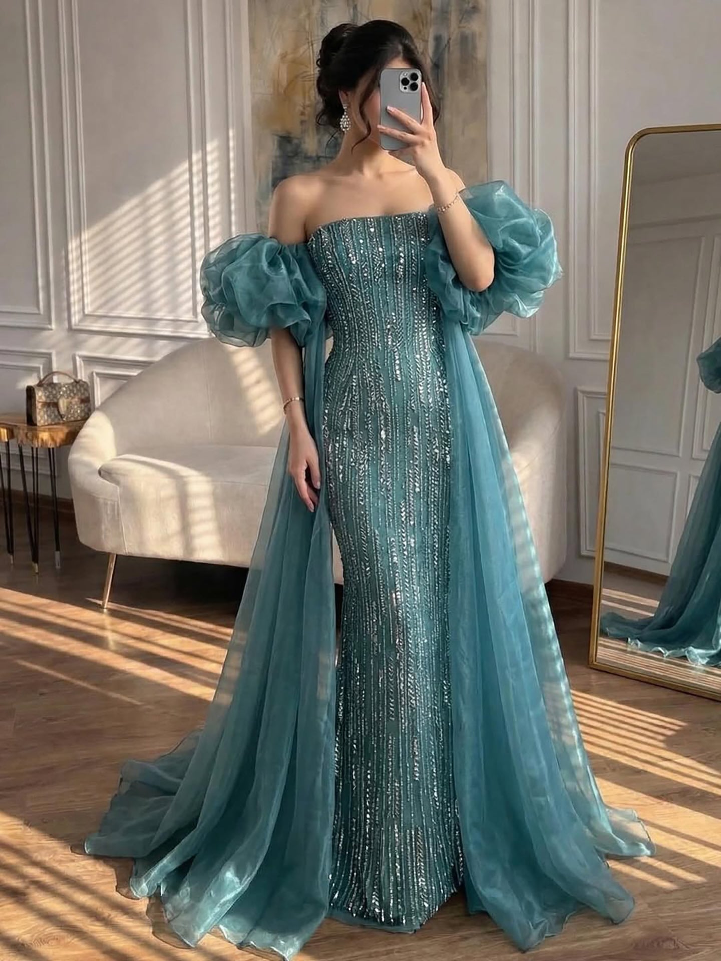 Luxury Dubai Arabic Blue Mermaid Balloon Sleeves Beaded Evening Dresses LA71823 - SERENE  HILL