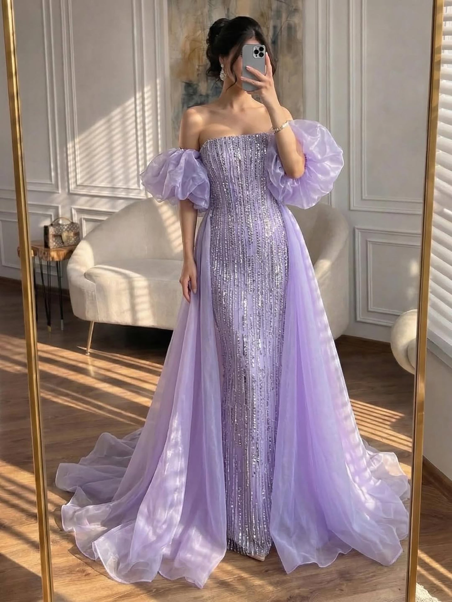 Luxury Dubai Arabic Blue Mermaid Balloon Sleeves Beaded Evening Dresses LA71823 - SERENE  HILL