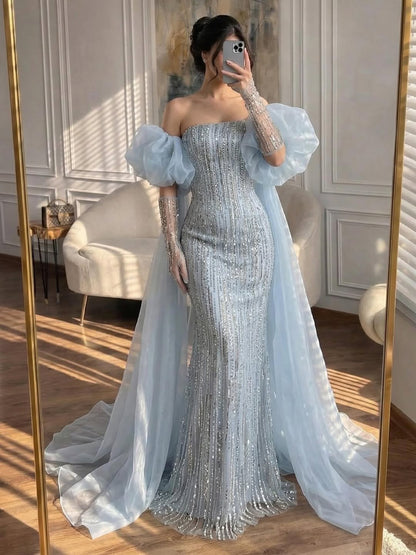 Luxury Dubai Arabic Blue Mermaid Balloon Sleeves Beaded Evening Dresses LA71823 - SERENE  HILL