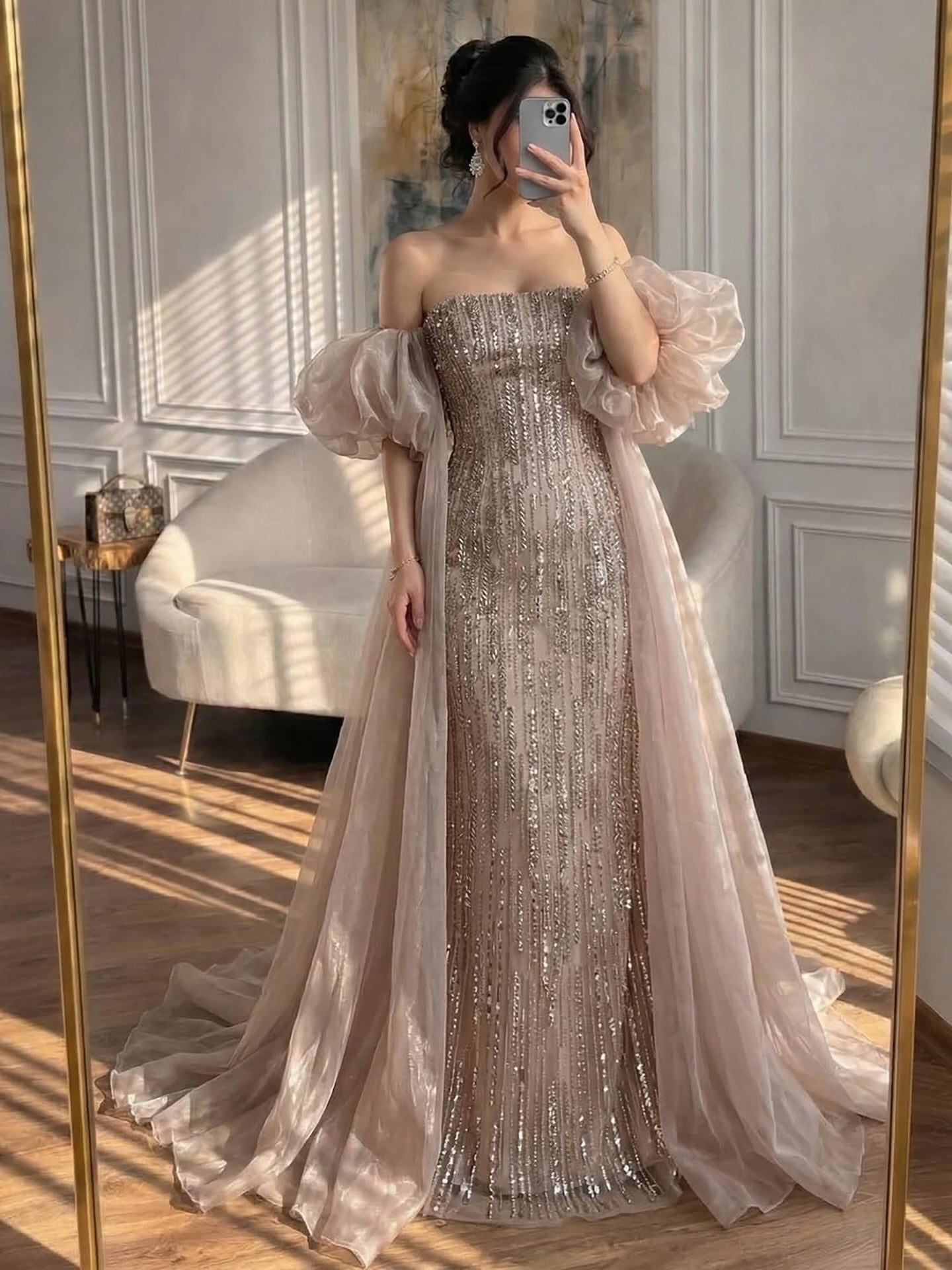 Luxury Dubai Arabic Blue Mermaid Balloon Sleeves Beaded Evening Dresses LA71823 - SERENE  HILL
