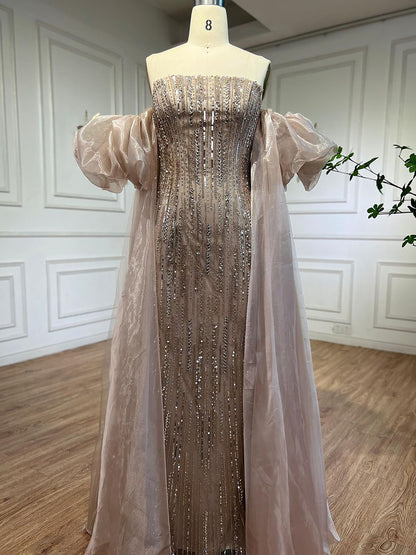 Luxury Dubai Arabic Blue Mermaid Balloon Sleeves Beaded Evening Dresses LA71823 - SERENE  HILL