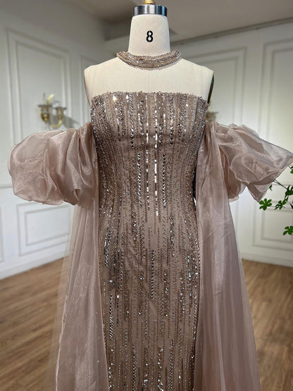 Luxury Dubai Arabic Blue Mermaid Balloon Sleeves Beaded Evening Dresses LA71823 - SERENE  HILL