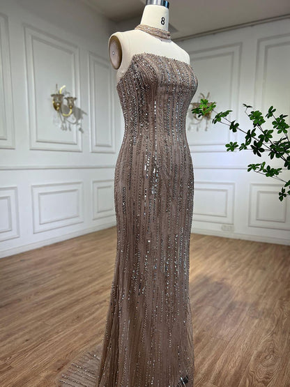 Luxury Dubai Arabic Blue Mermaid Balloon Sleeves Beaded Evening Dresses LA71823 - SERENE  HILL