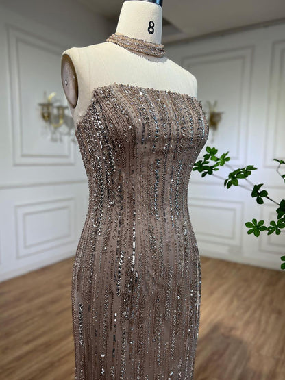 Luxury Dubai Arabic Blue Mermaid Balloon Sleeves Beaded Evening Dresses LA71823 - SERENE  HILL