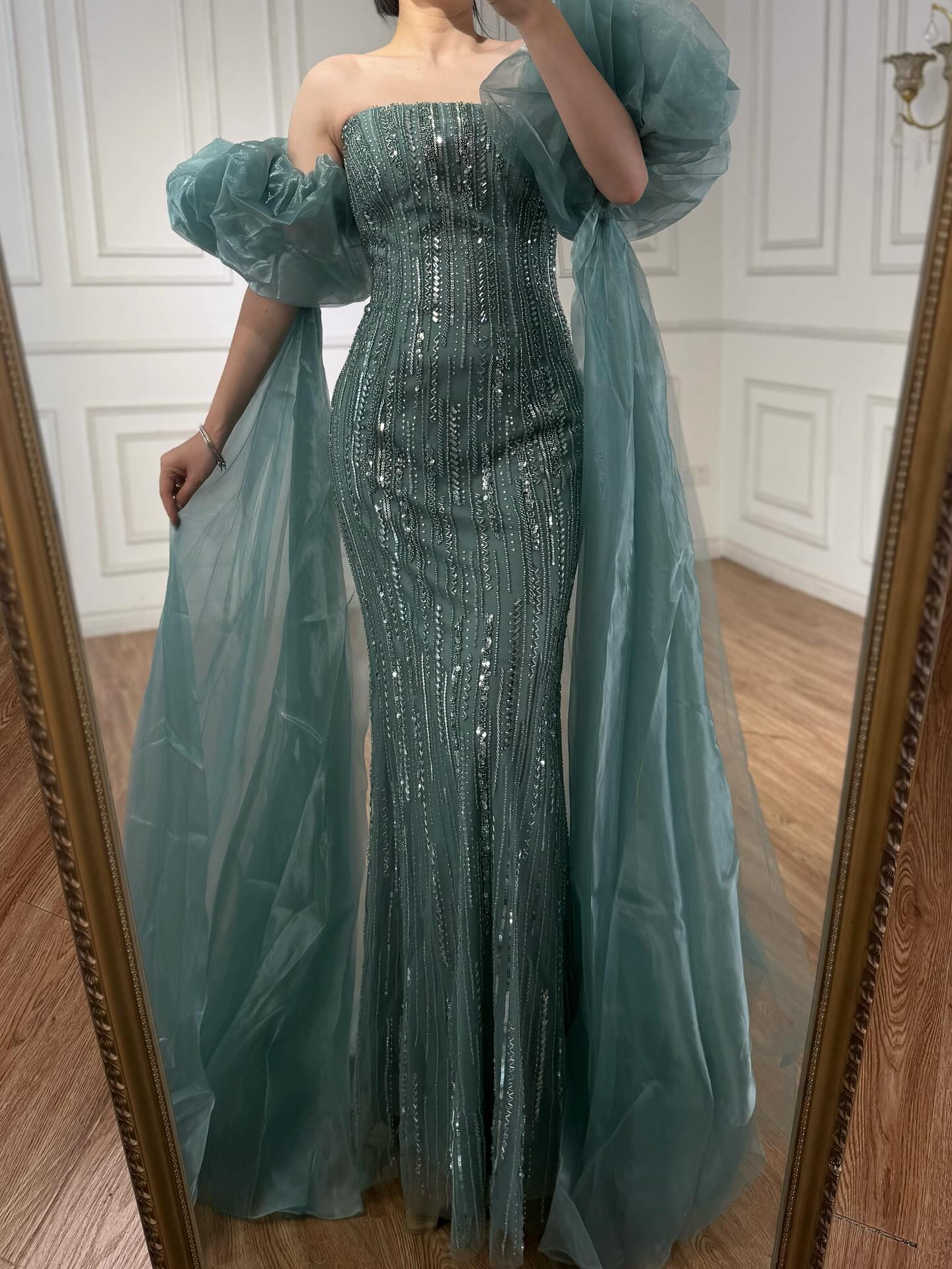 Luxury Dubai Arabic Blue Mermaid Balloon Sleeves Beaded Evening Dresses LA71823 - SERENE  HILL