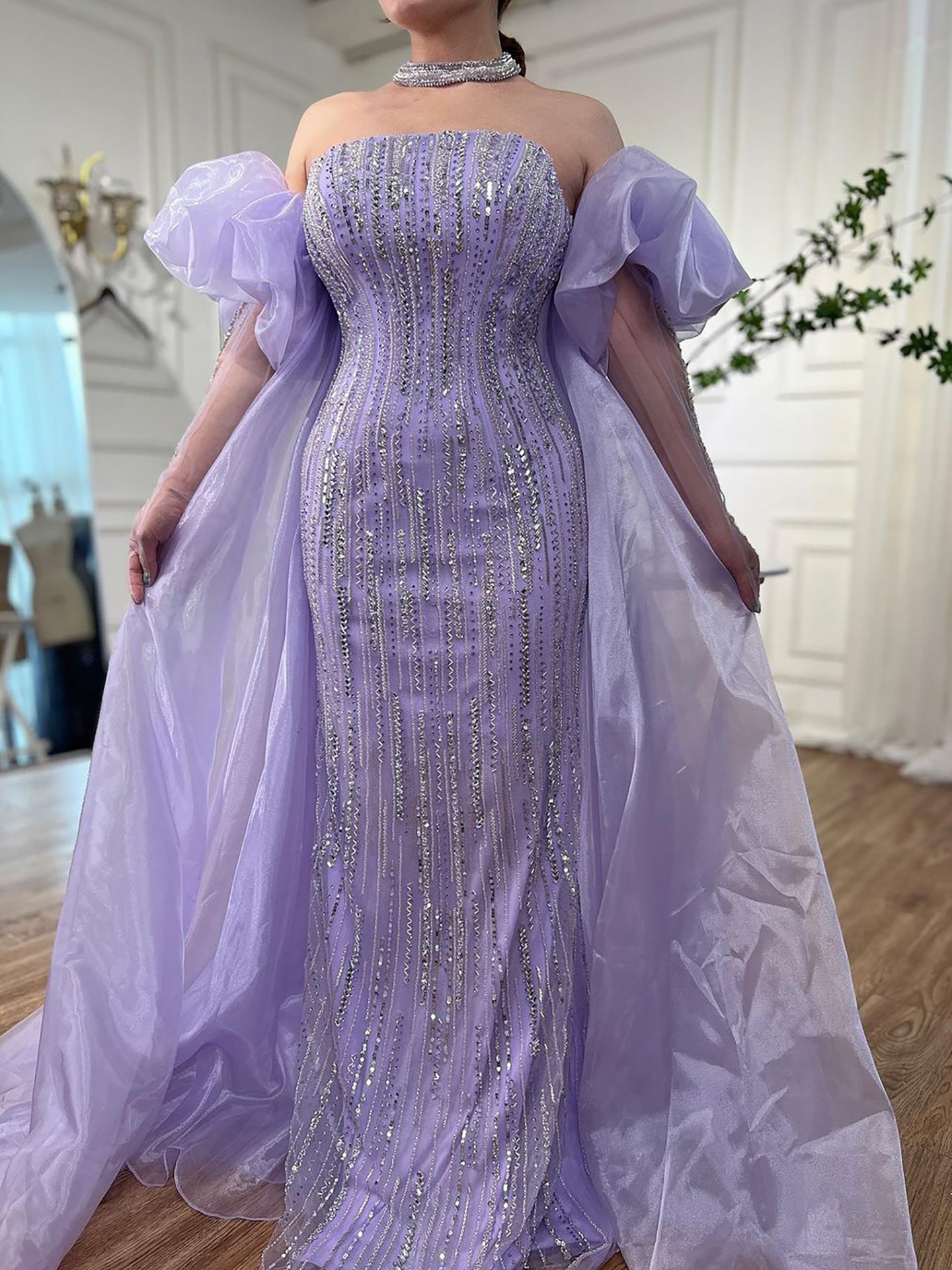 Luxury Dubai Arabic Blue Mermaid Balloon Sleeves Beaded Evening Dresses LA71823 - SERENE  HILL