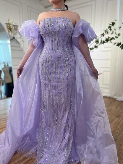 Luxury Dubai Arabic Blue Mermaid Balloon Sleeves Beaded Evening Dresses LA71823 - SERENE  HILL