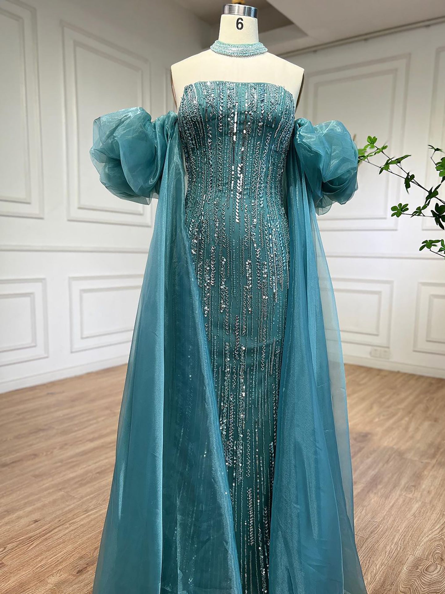Luxury Dubai Arabic Blue Mermaid Balloon Sleeves Beaded Evening Dresses LA71823 - SERENE  HILL