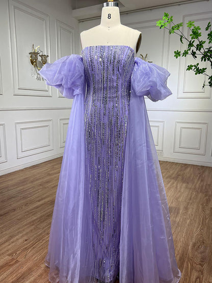 Luxury Dubai Arabic Blue Mermaid Balloon Sleeves Beaded Evening Dresses LA71823 - SERENE  HILL
