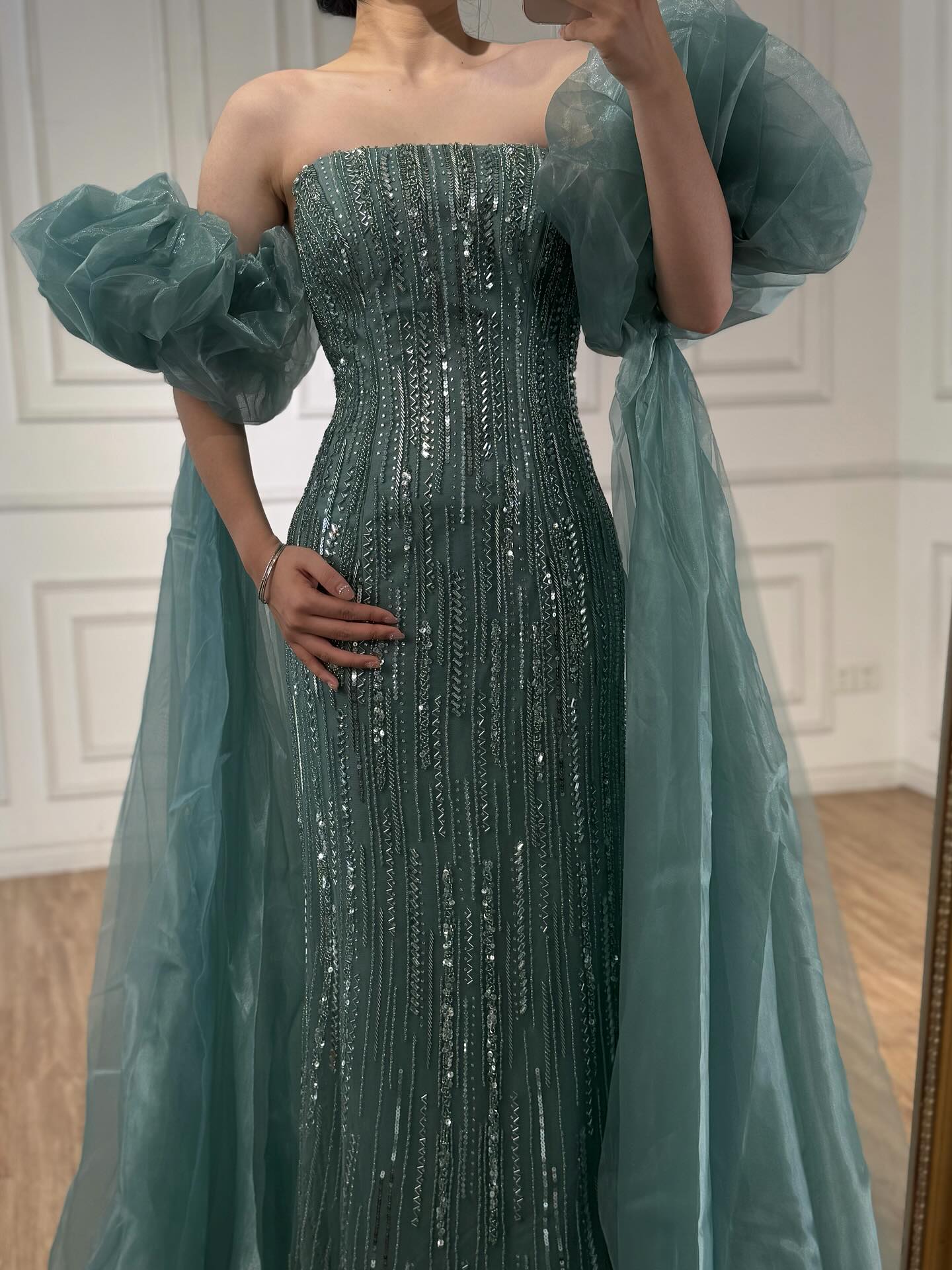 Luxury Dubai Arabic Blue Mermaid Balloon Sleeves Beaded Evening Dresses LA71823 - SERENE  HILL