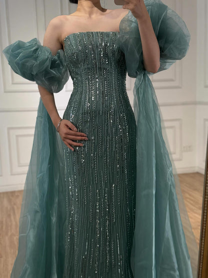 Luxury Dubai Arabic Blue Mermaid Balloon Sleeves Beaded Evening Dresses LA71823 - SERENE  HILL