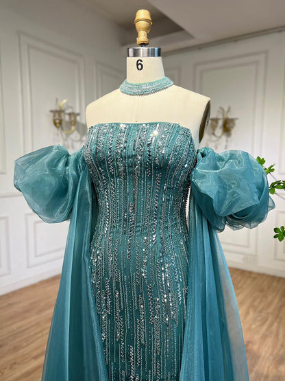 Luxury Dubai Arabic Blue Mermaid Balloon Sleeves Beaded Evening Dresses LA71823 - SERENE  HILL