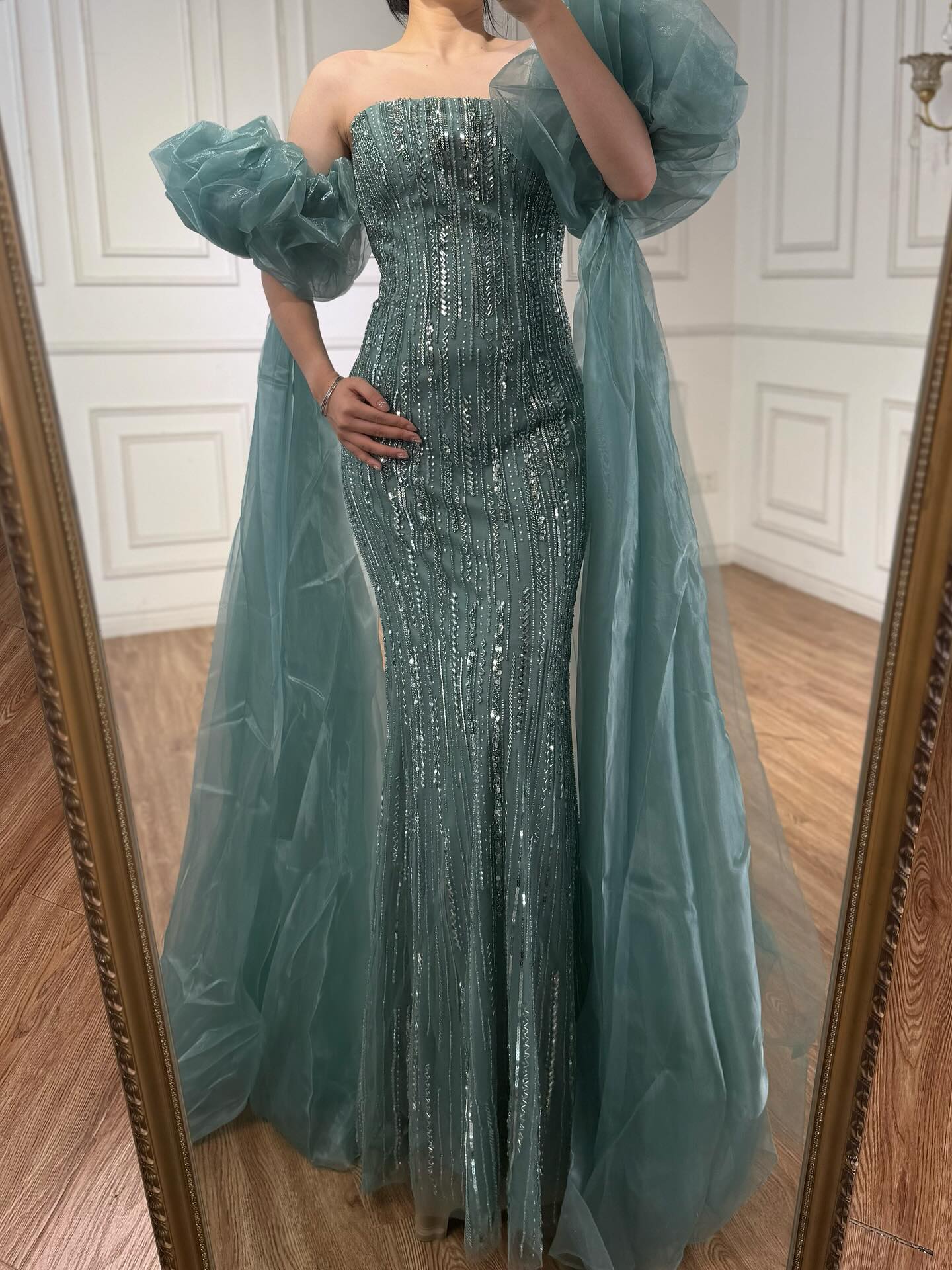 Luxury Dubai Arabic Blue Mermaid Balloon Sleeves Beaded Evening Dresses LA71823 - SERENE  HILL