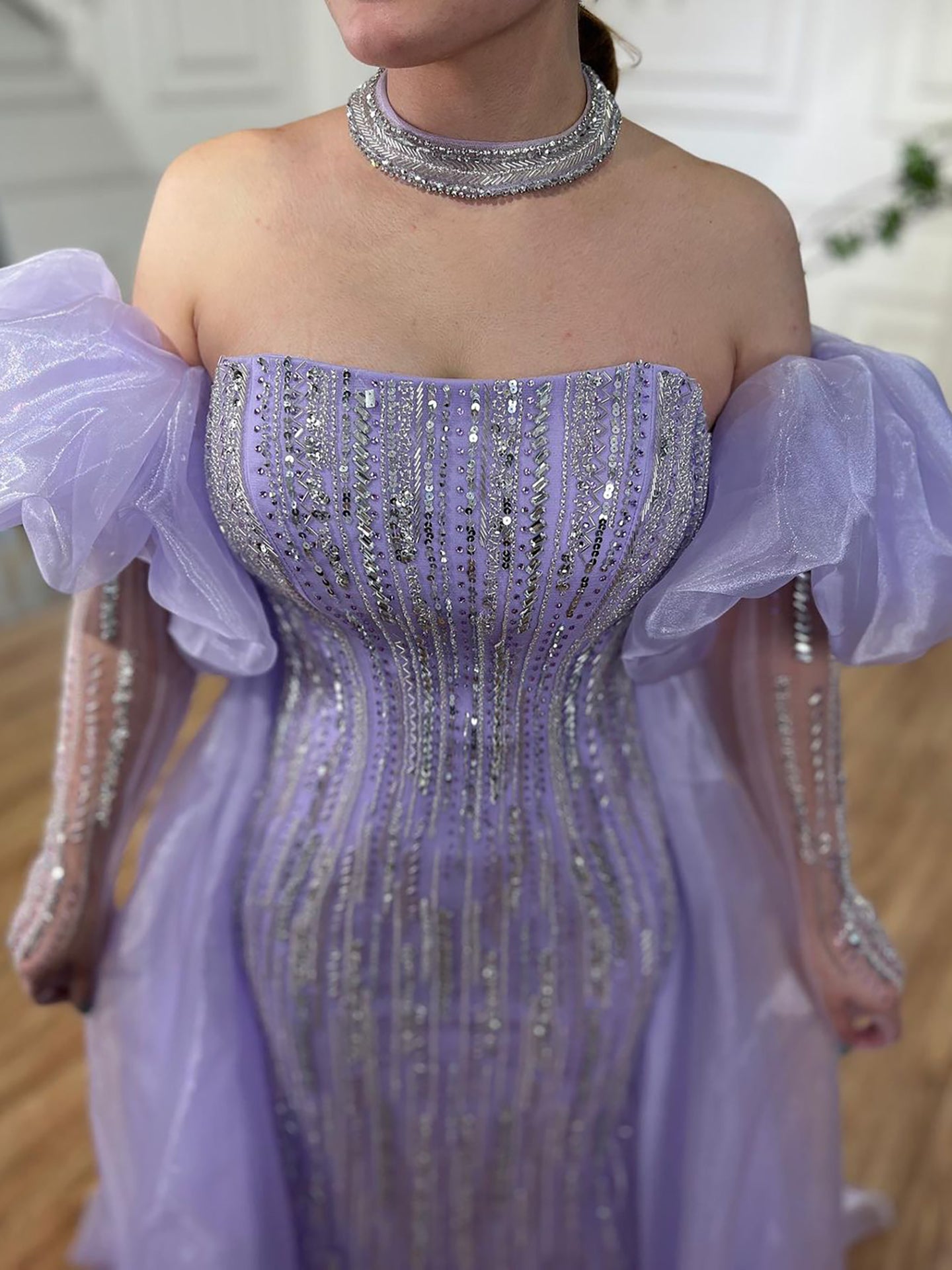 Luxury Dubai Arabic Blue Mermaid Balloon Sleeves Beaded Evening Dresses LA71823 - SERENE  HILL