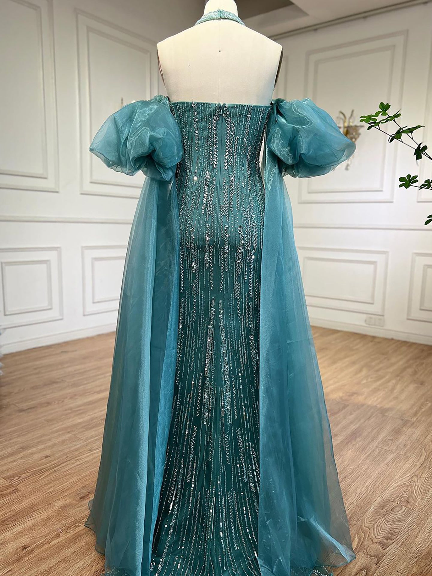 Luxury Dubai Arabic Blue Mermaid Balloon Sleeves Beaded Evening Dresses LA71823 - SERENE  HILL