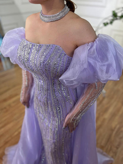 Luxury Dubai Arabic Blue Mermaid Balloon Sleeves Beaded Evening Dresses LA71823 - SERENE  HILL