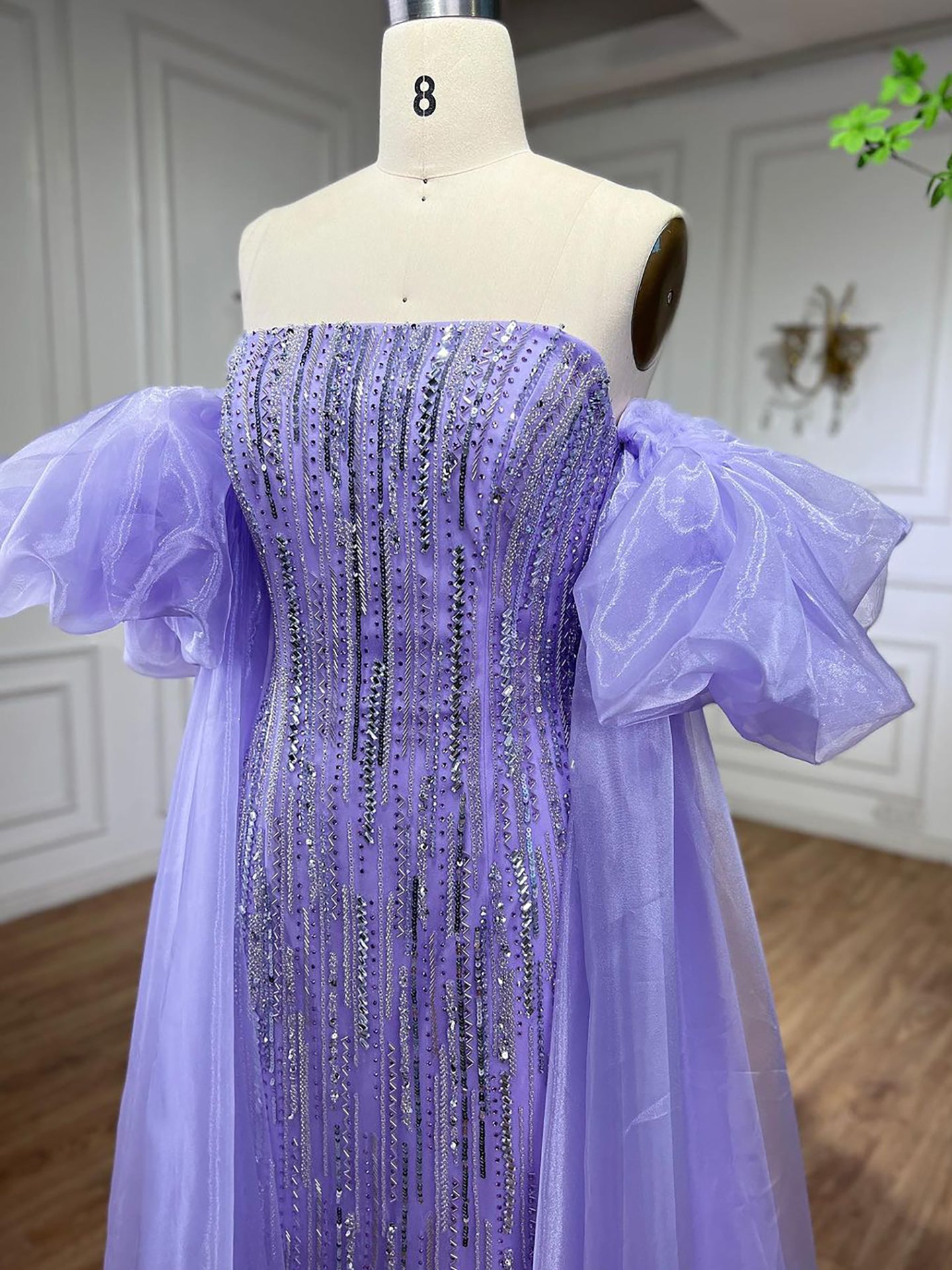 Luxury Dubai Arabic Blue Mermaid Balloon Sleeves Beaded Evening Dresses LA71823 - SERENE  HILL