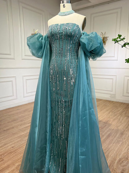 Luxury Dubai Arabic Blue Mermaid Balloon Sleeves Beaded Evening Dresses LA71823 - SERENE  HILL