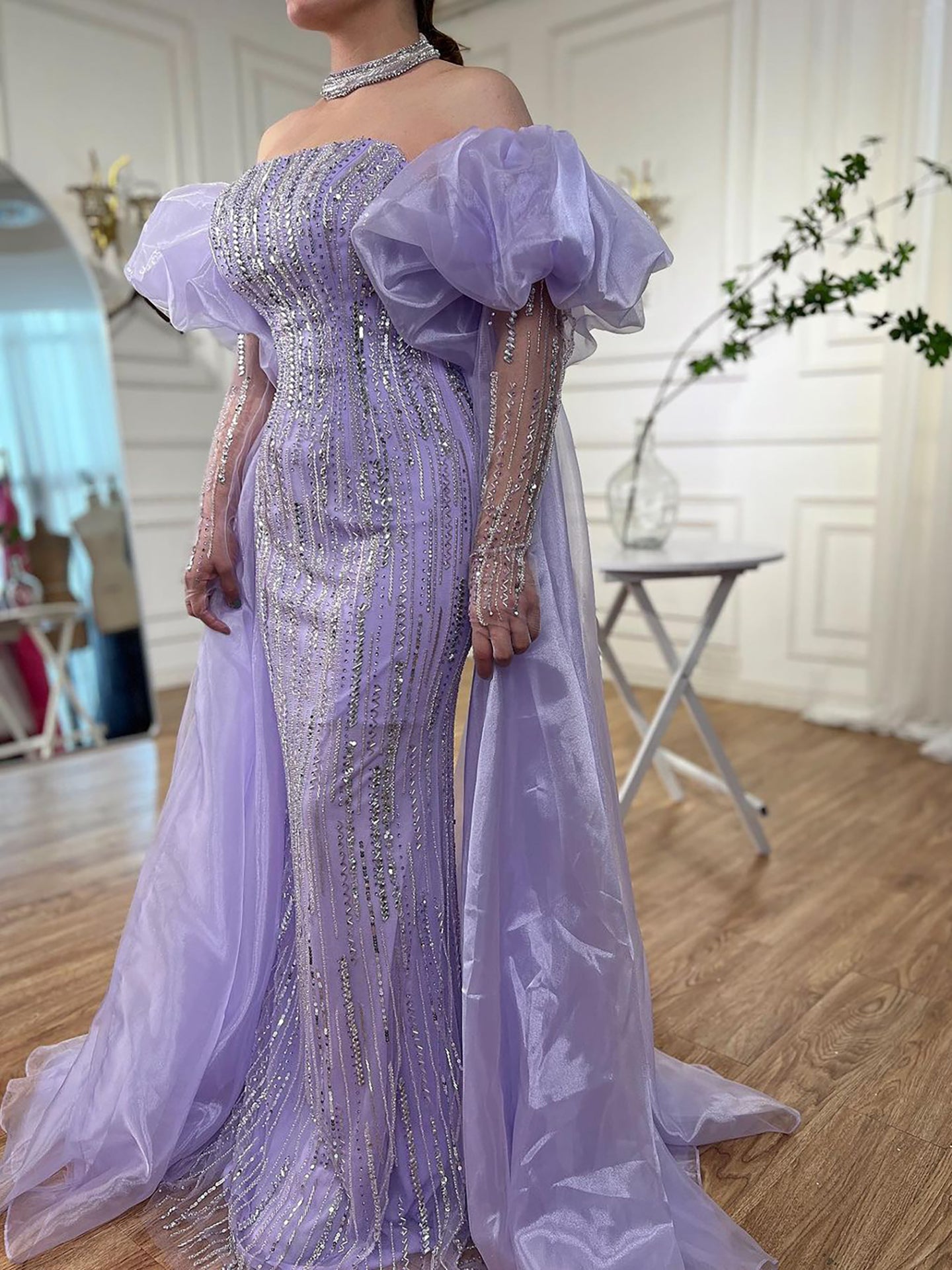 Luxury Dubai Arabic Blue Mermaid Balloon Sleeves Beaded Evening Dresses LA71823 - SERENE  HILL