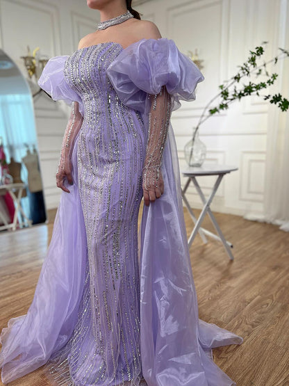 Luxury Dubai Arabic Blue Mermaid Balloon Sleeves Beaded Evening Dresses LA71823 - SERENE  HILL